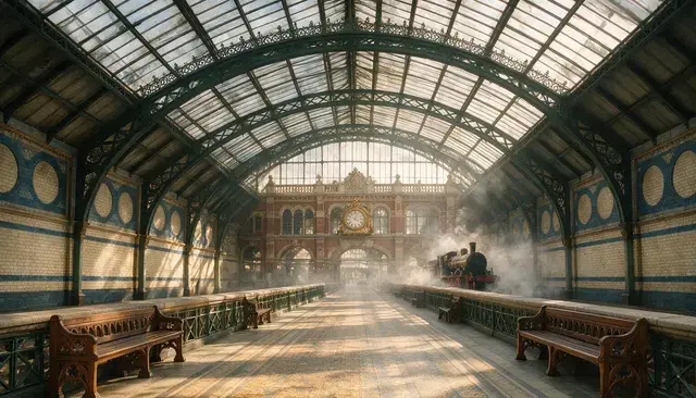 Pelat bersih VFX stasiun era Edwardian, dibuat dengan Seedream 5.0 Pro