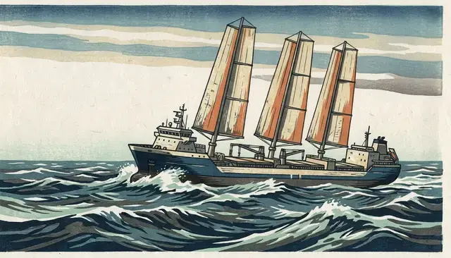 Liputan cetak cukil kayu kapal kargo berlayar, dibuat dengan Nano Banana Pro