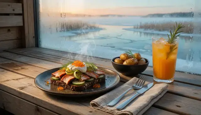 Foto utama menu sauna terapung Nordik, dibuat dengan Grok Imagine Image Quality