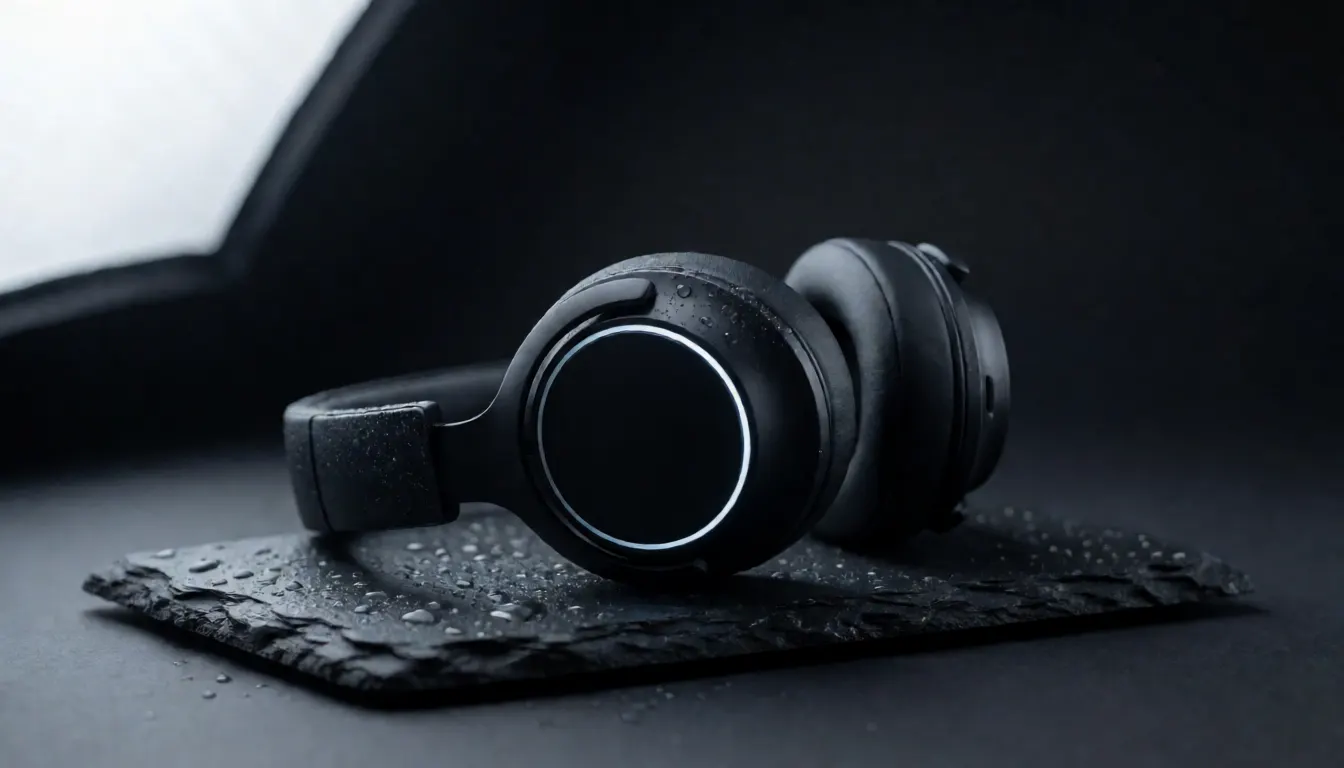 Headphone hitam doff di atas batu sabak basah
