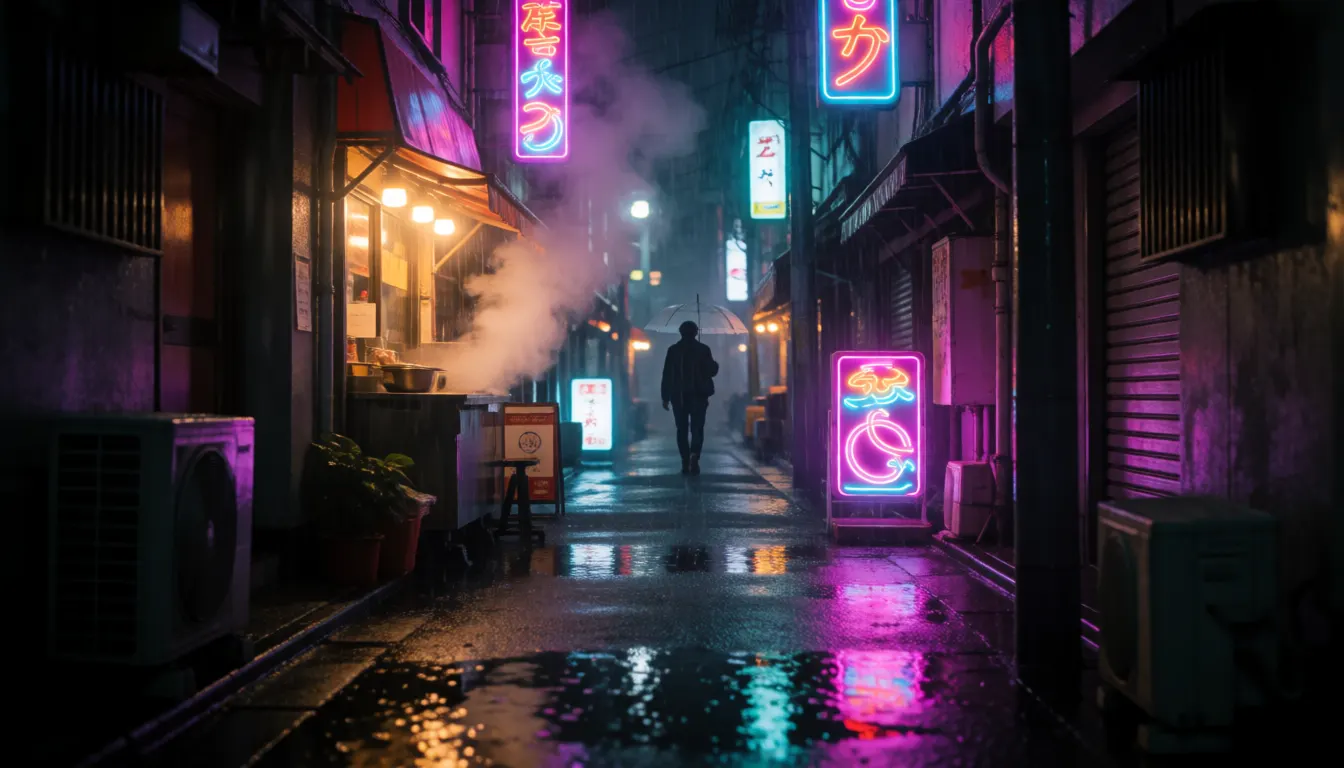 A neon-lit alley at night in the rain