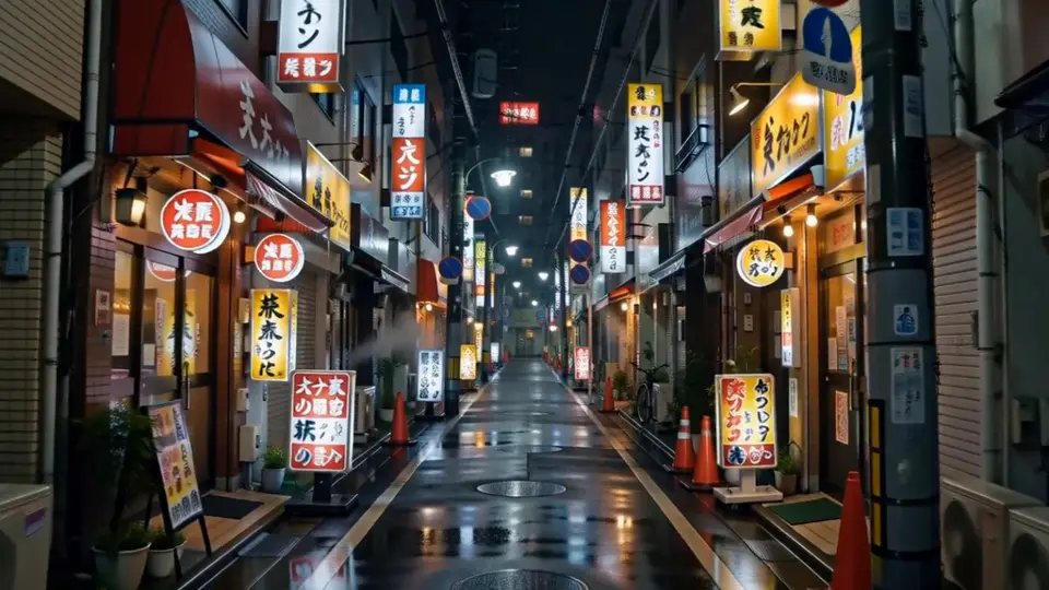 A slow dolly through a neon alley in the rain